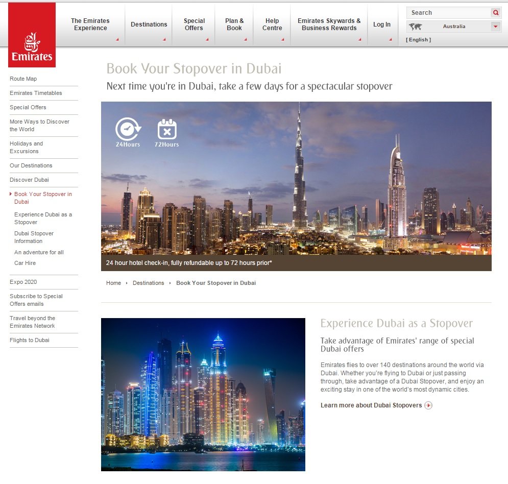 The emirates website with information on transferring in Dubai.