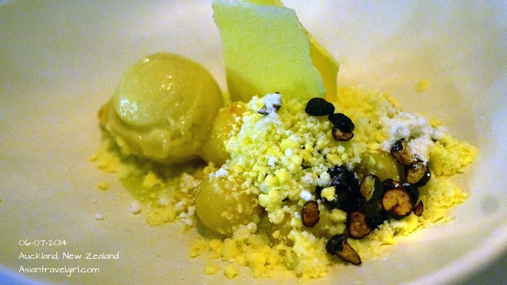 “The Dessert” Buttermilk Granita- feijoa, apple cream blueberries, elderflower, meringue